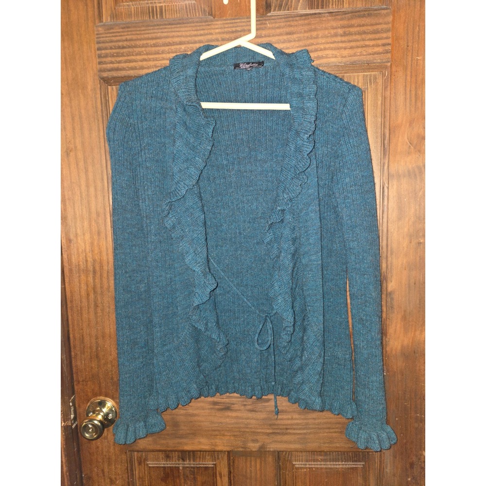 Elisabetta Collection Teal Blue Ruffle Trim Wool Blend Ribbed Cardigan Italy M
